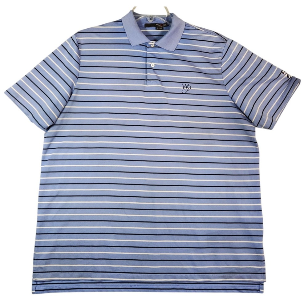 RLX Ralph Lauren Mens XL Blue White Striped Polo Short Sleeve Logo Poly/Elas